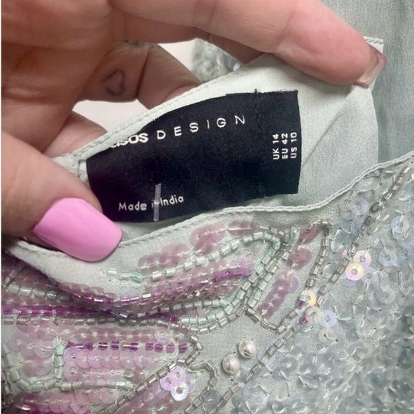 ASOS Design Blue Green Butterfly Pearl Sequin Beaded Halter Mini Dress Size 10 - Picture 8 of 9